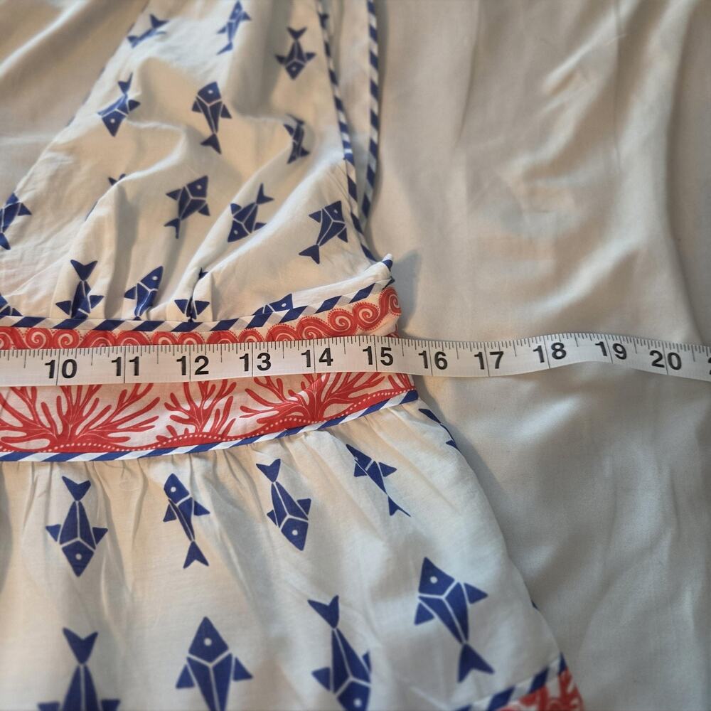 Farm Rio Dress Womens M White Blue Fish Coral Tiered Sundress Tie Strap Beach - Picture 13 of 15